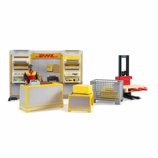 Bruder bworld DHL Shop mit Handhubstapler, Paketshop, Spielzeug, Spielwelt, 62251