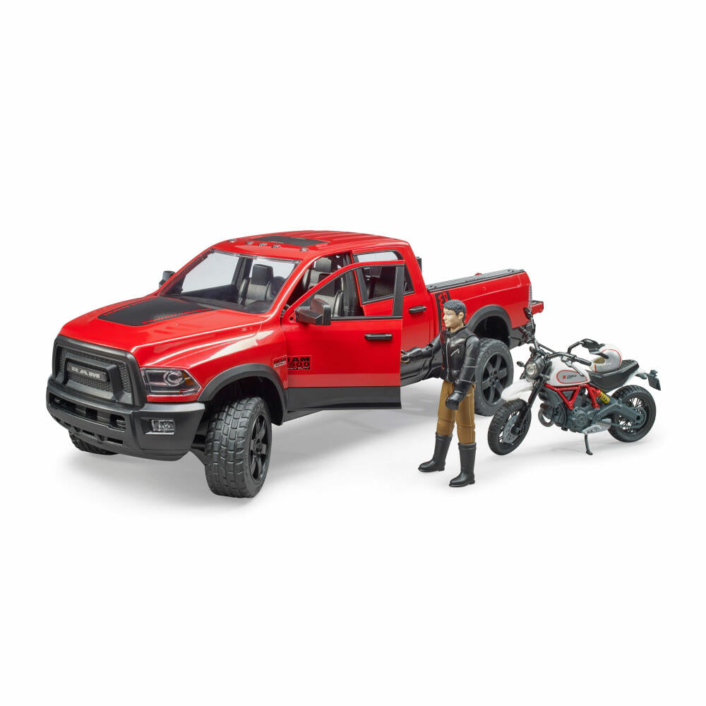 Bruder Leisure RAM 2500 Power Wagon, with Scrambler Ducati Desert Sled and Driver, Pick Up Truck, Motirrad, Model Vehicle, Model Vehicle, Toy, 02502
