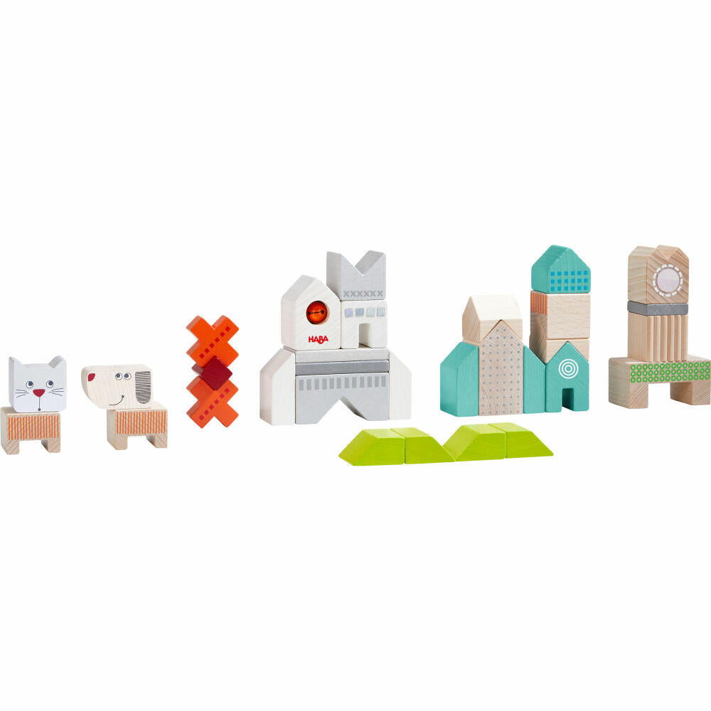 HABA Bausteine Hund und Katze, Bauklötze, Holzklötze, Figuren, 31-tlg., Buche, 306086
