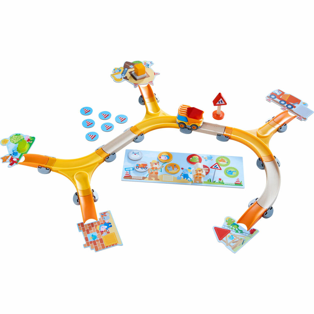 HABA Meine ersten Spiele - Baustelle, kooperatives Memospiel, Kullerbü-Fahrzeug, Vorlesegeschichte, ab 2 Jahren, 305211