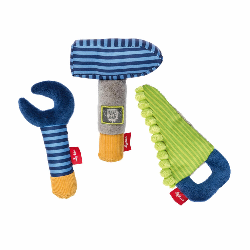 sigikid Papa & Me Greifling Werkzeug Set, 3-tlg., Hammer, Säge, Schraubenschlüssel, Rassel, Quietsche, Babyspielzeug, Baby Spielzeug, Polyester, 41676