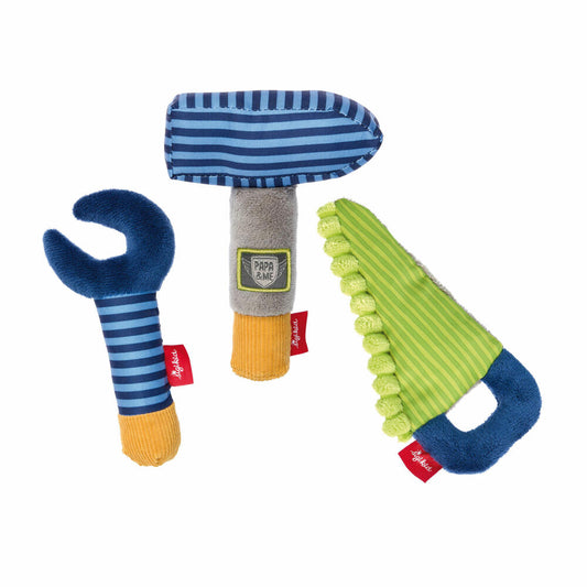 sigikid Papa & Me Greifling Werkzeug Set, 3-tlg., Hammer, Säge, Schraubenschlüssel, Rassel, Quietsche, Babyspielzeug, Baby Spielzeug, Polyester, 41676