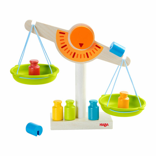 HABA Kaufladen Waage, Schalenwaage, Gewichte, Lernspielzeug, Holzspielzeug, Buche, 302639