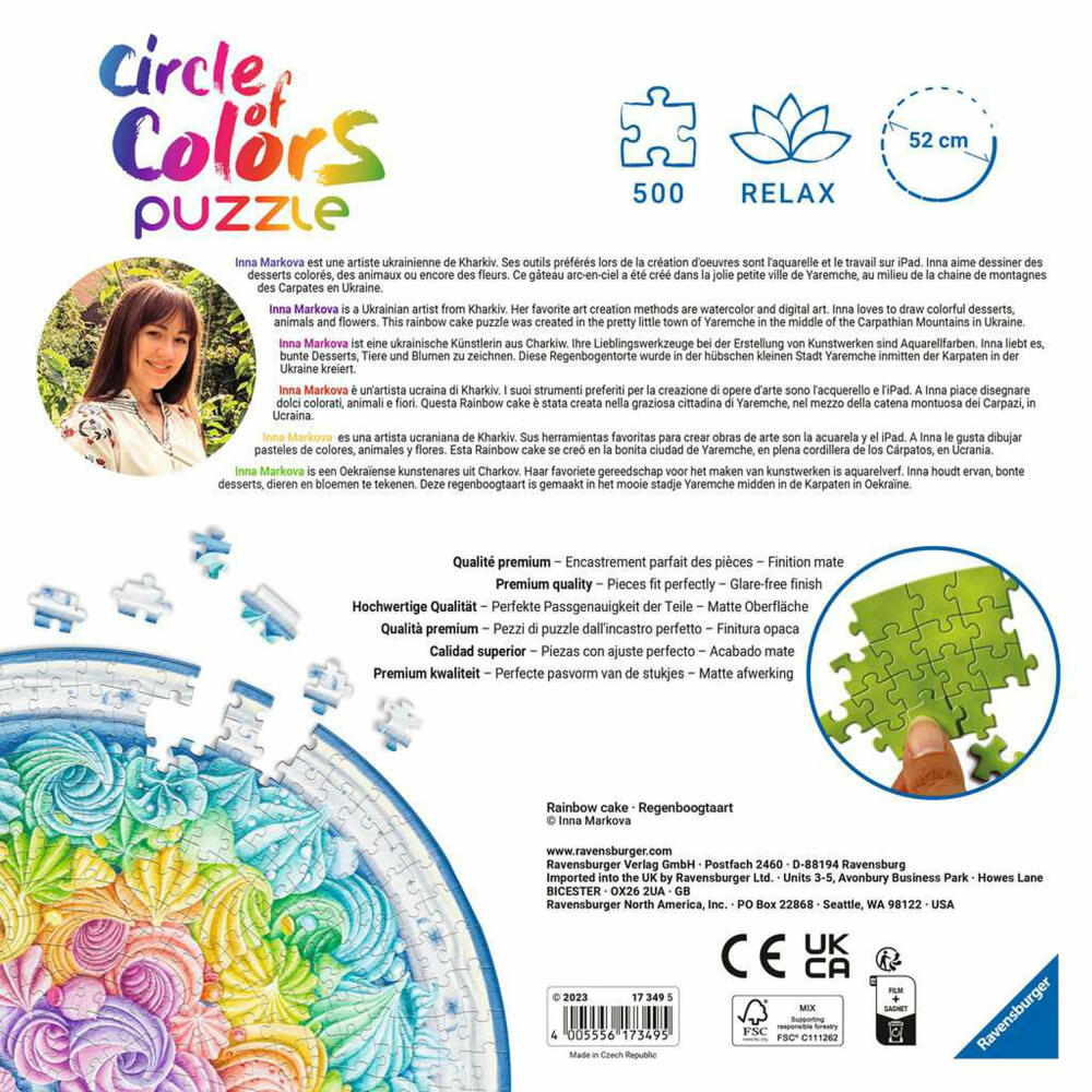 Ravensburger Puzzle Circle of Colors Rainbow Cake, adult puzzle, 500 pieces, from 12 years, 17349