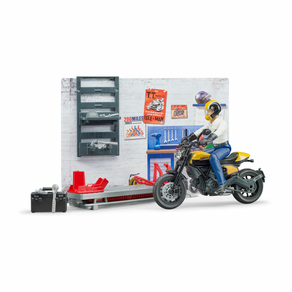 Bruder bworld motorcycle workshop, 8-piece, with Scrambler Ducati Full Throttle, workshop, lifting platform, game figure, accessories, 62102