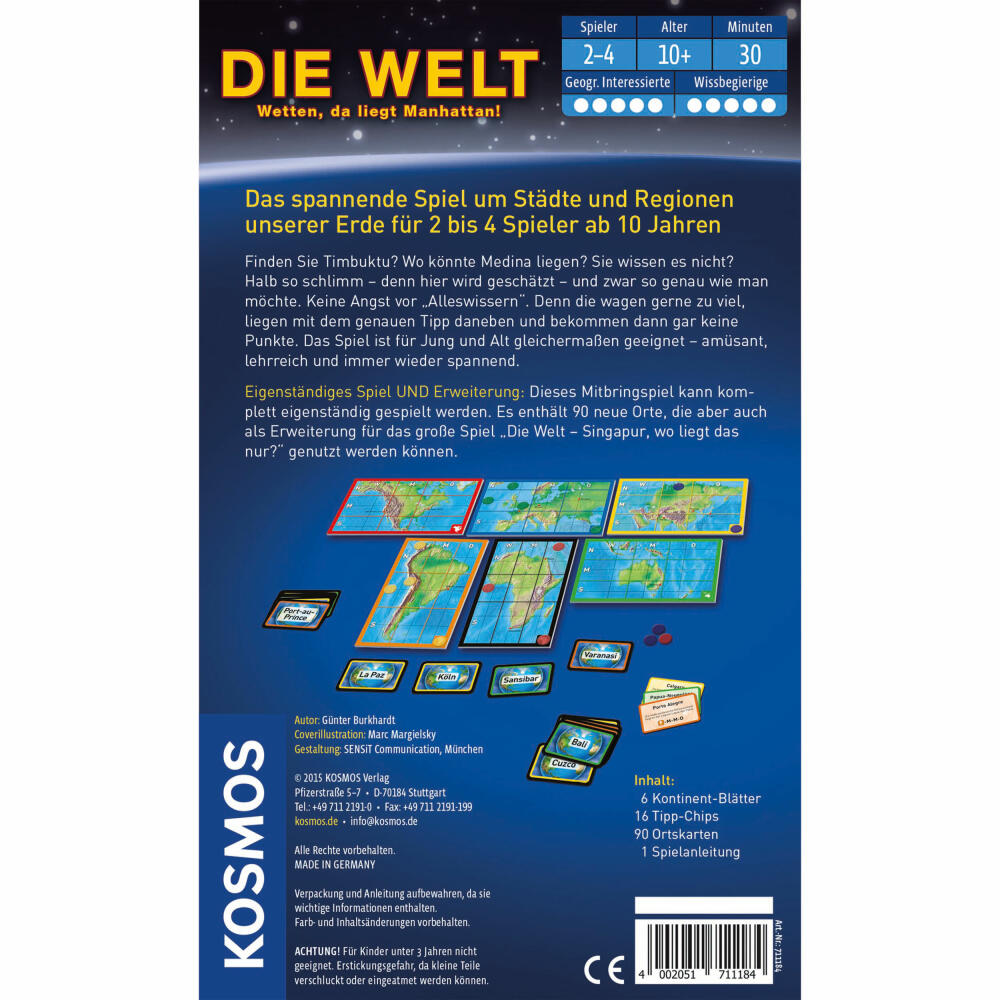 KOSMOS Die Welt - Mitbringspiel, Wissensspiel, Geografiespiel, Geografie Geographie Spiel, ab 10 Jahren, 711184