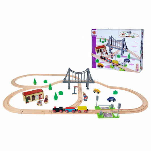 Eichhorn Railway Set with Bridge, 55 pcs., Railway, Wooden Railway, Log, Train, Toy, Wood, 100006204