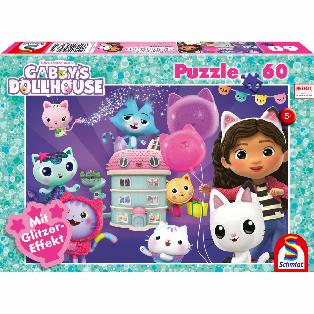 Schmidt Spiele Gabbyss Dollhouse Geburtstagsfeier im Puppenhaus, Puzzle, Kinderpuzzle, Glitzerpuzzle, 60 Teile, 56473