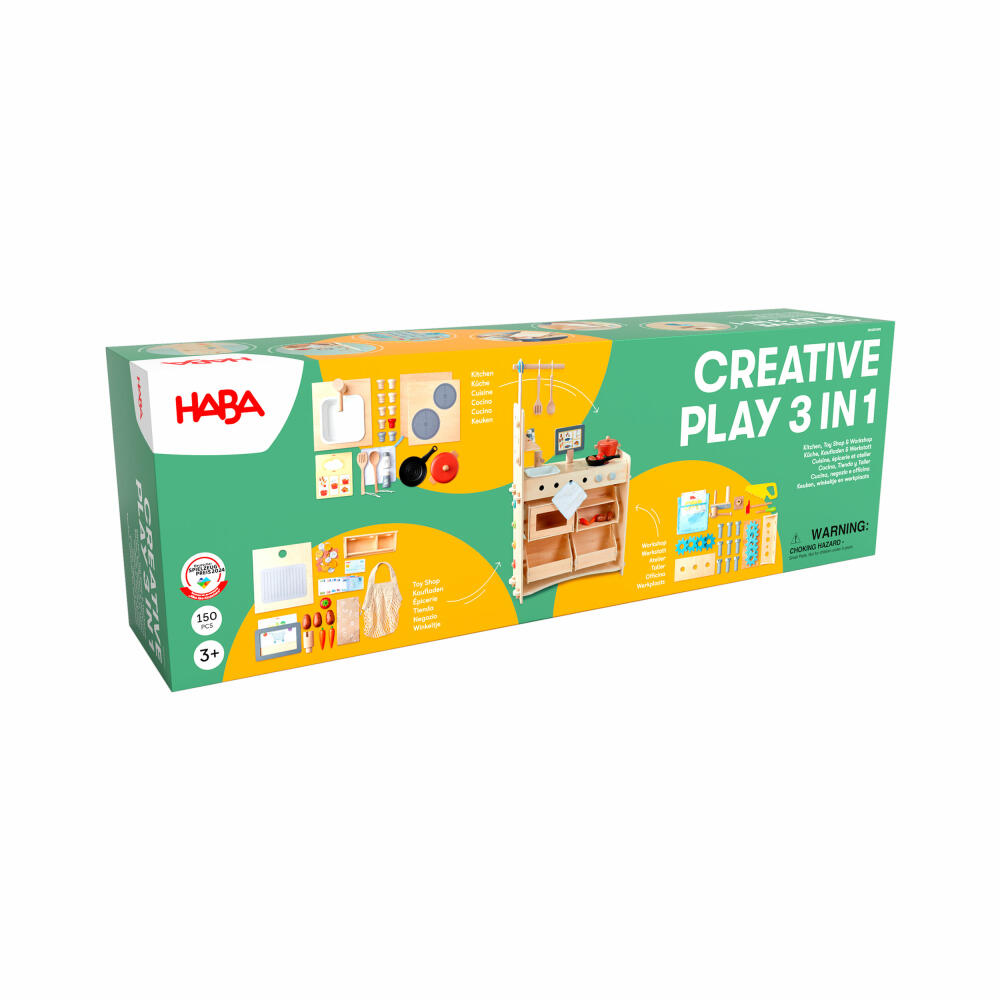 HABA Creative Play 3 in 1, Spielküche, Kaufladen, Werkstatt, Kinder Spielzeug, ab 3 Jahren, 2011830001