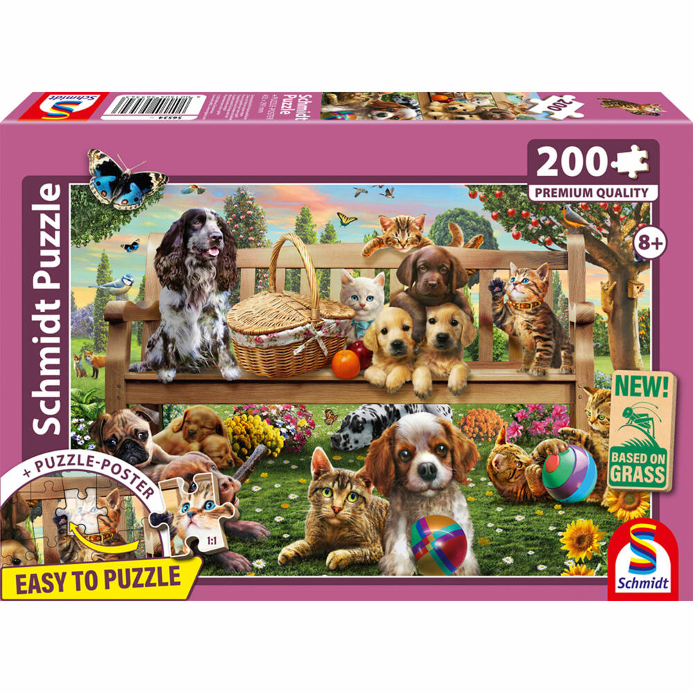 Schmidt Spiele Gartenpicknick für Hund und Katze, Puzzle, Kinderpuzzle, 200 Teile, ab 8 Jahren, 56534
