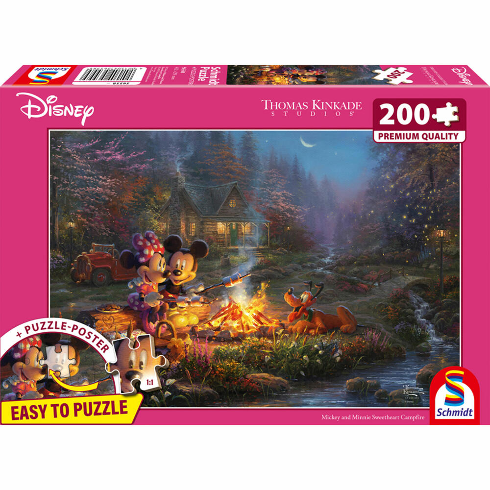 Schmidt Spiele Disney Mickey and Minnie Sweatheart Campfire, Thomas Kinkade, Puzzle, 200 Teile, Graspappe, 56558