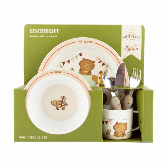 sigikid Mister O Lui Geschirr Set beige, 6-tlg., Kindergeschirr, Kinder, Teller, Schüssel, Gabel, Löffel, Becher, 52919