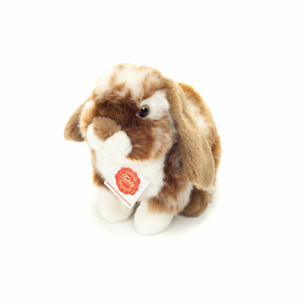 Teddy Hermann Hase sitzend, Kuscheltier, Stofftier, Plüschtier, Dunkelbraun Weiß gescheckt, 20 cm, 937241
