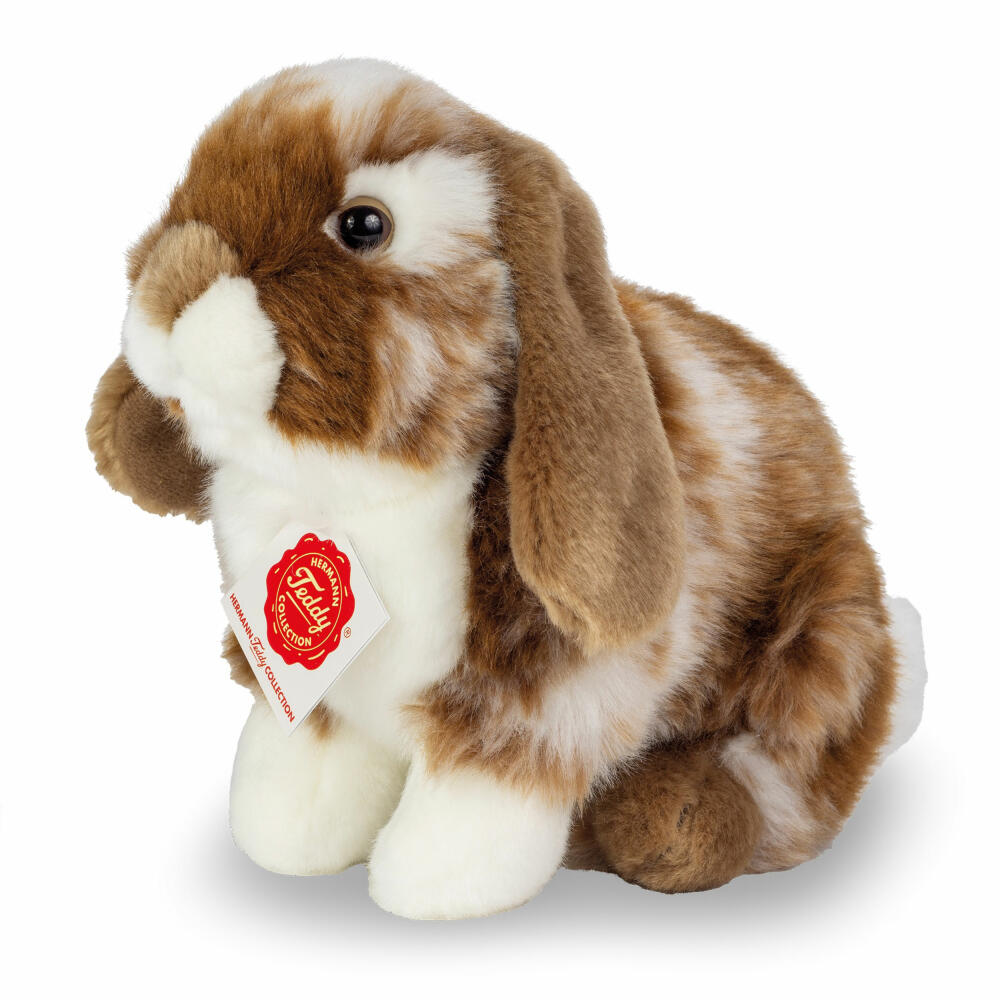 Teddy Hermann Hase sitzend, Kuscheltier, Stofftier, Plüschtier, Dunkelbraun Weiß gescheckt, 20 cm, 937241