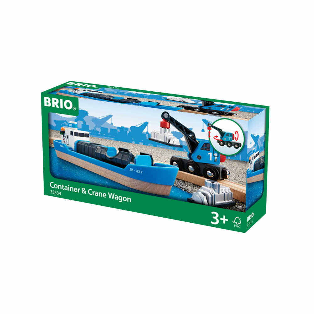BRIO Containerschiff mit Kranwagen, 4-tlg., Zubehör für die Holzeisenbahn, Eisenbahn, Holzspielzeug, Holz Spielzeug, 33534