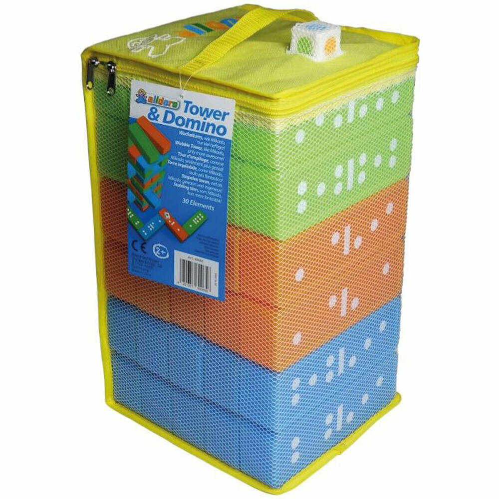 alldoro - Tower and Domino 2 in 1, wobbly tower and domino game set, 30 building blocks, 1 dice