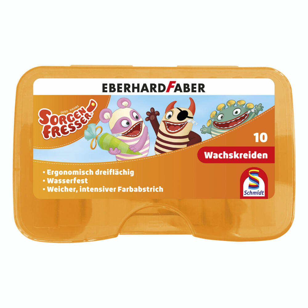 Schmidt Spiele Sorgenfresser Wachsmalkreide, Stifte, 10 Stück, Dreiflächig, Wasserfest in Kunststoffbox, 46305
