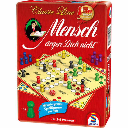 Schmidt Spiele Classic Line Mensch ärgere Dich nicht, Reisespiel, Mitbring-Spiel, Brettspiel, Metalldose, 49439