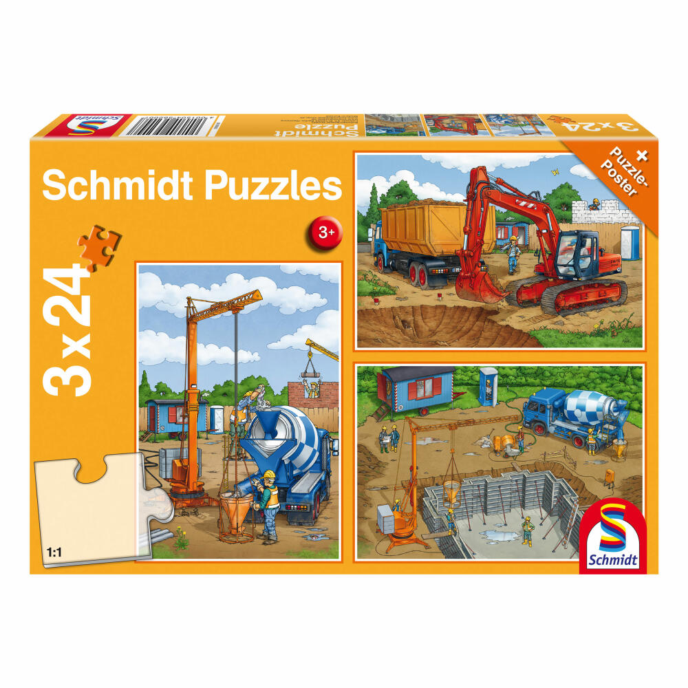 Schmidt Spiele Excavator on the Construction Site, Children's Puzzle, 3 x 24 Pieces, Puzzle, Puzzle Game, From 3 Years, 56200