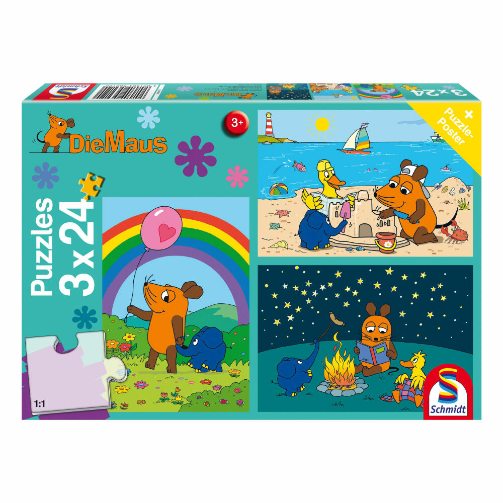Schmidt Spiele Die Maus Gute Freunde, Children's Puzzle, 3 x 24 Pieces, Puzzle, Puzzle Game, From 3 Years, 56212