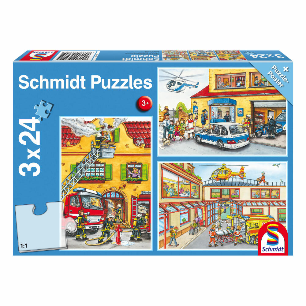 Schmidt Spiele Rescue Forces Fire Brigade and Police, Children's Puzzle, 3 x 24 Pieces, Puzzle, Puzzle Game, From 3 Years, 56215