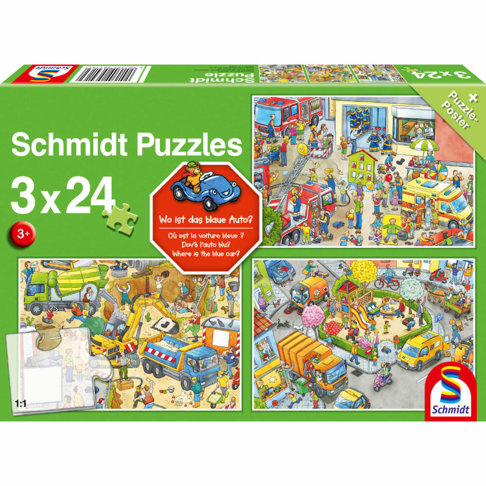 Schmidt Spiele Where is the blue car?, children's puzzle, children's puzzle, children's puzzles, 3 x 24 pieces, 56416