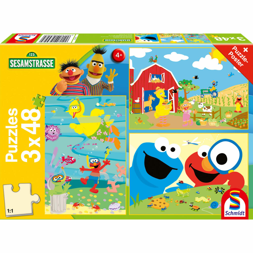Schmidt Spiele Sesamstraße Tierisch stark, Kinderpuzzle, Kinder Puzzle, ab 4 Jahre, 3 x 48 Teile, 56458