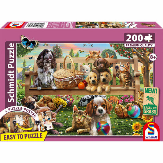 Schmidt Spiele Gartenpicknick für Hund und Katze, Puzzle, Kinderpuzzle, 200 Teile, ab 8 Jahren, 56534