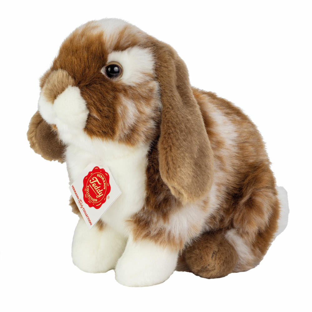 Teddy Hermann Hase sitzend, Kuscheltier, Stofftier, Plüschtier, Dunkelbraun Weiß gescheckt, 20 cm, 937241