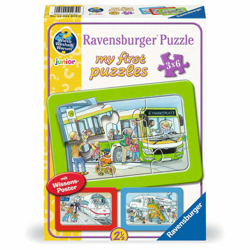 Ravensburger my first puzzles Wieso? Weshalb? Warum? Unterwegs mit Bus, Bahn und Flugzeug, Puzzle, Kinderpuzzle, 3 x 6 Teile, 12004039