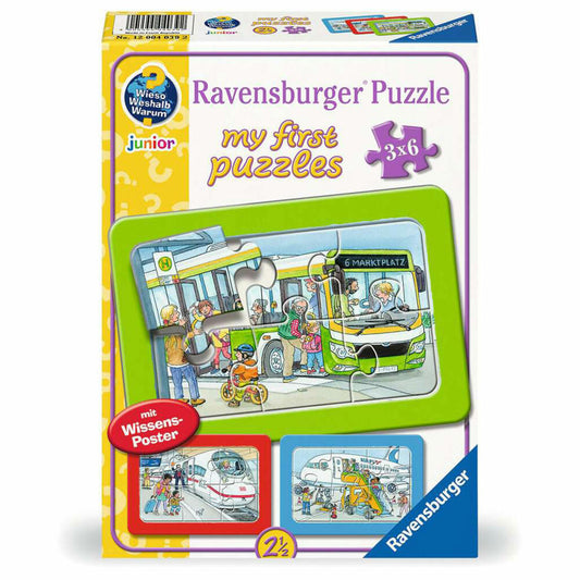 Ravensburger my first puzzles Wieso? Weshalb? Warum? Unterwegs mit Bus, Bahn und Flugzeug, Puzzle, Kinderpuzzle, 3 x 6 Teile, 12004039