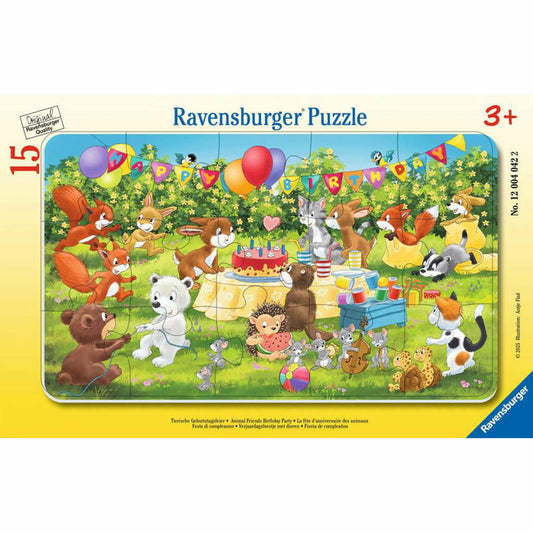 Ravensburger Tierische Geburtstagsfeier, Puzzle, Rahmenpuzzle, Kinderpuzzle, 15 Teile, ab 3 Jahren, 12004042