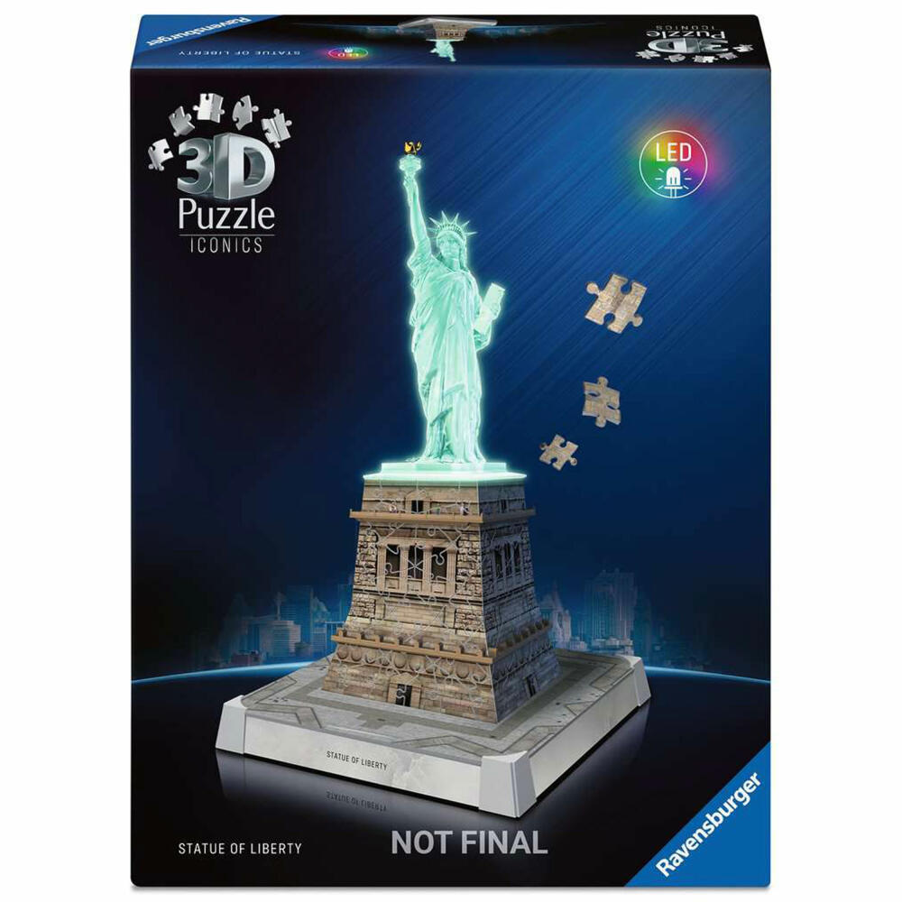 Ravensburger 3D Puzzle Iconics Freiheitsstatue - mit Licht, Bauwerke, 108 Teile, ab 8 Jahren, 12008027