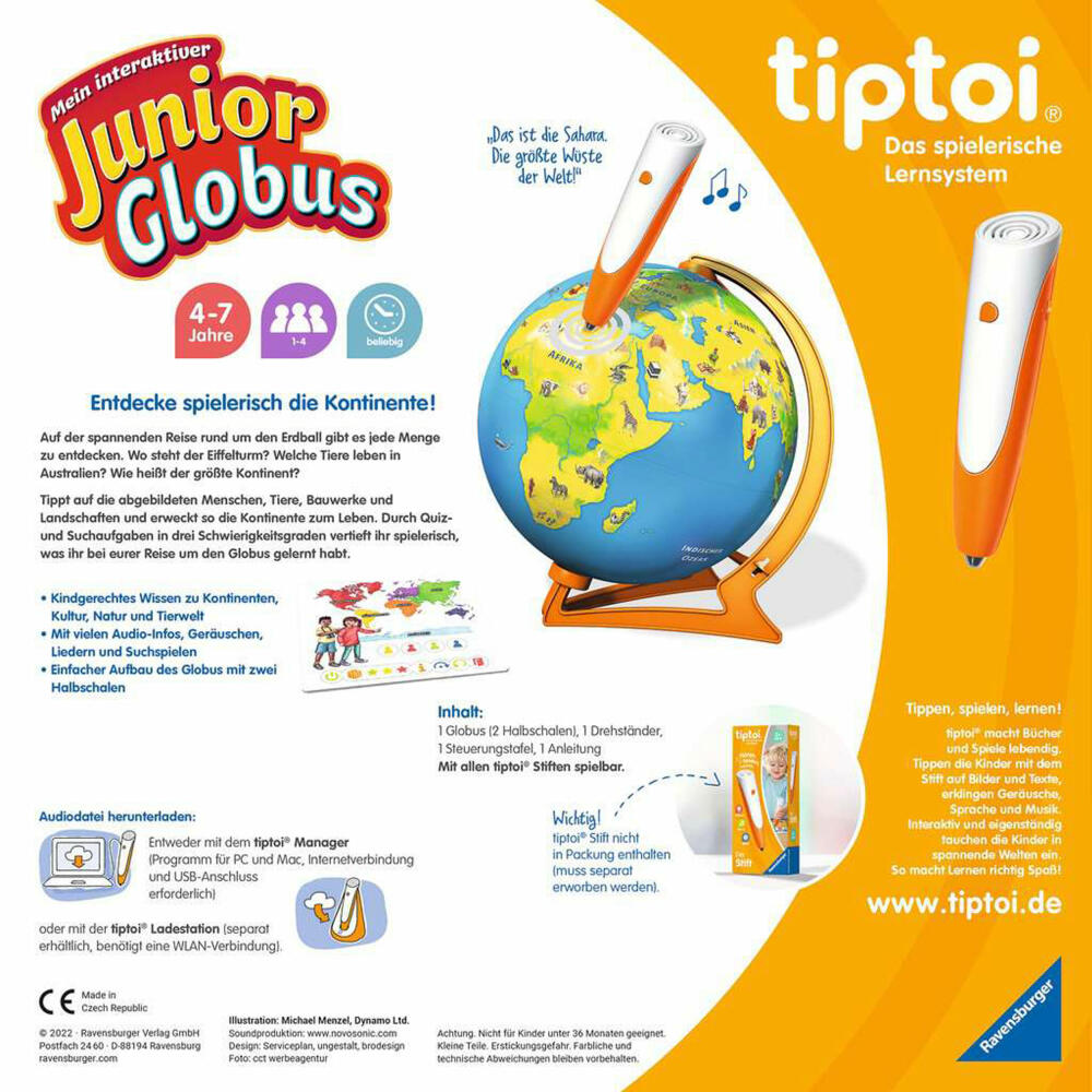 Ravensburger tiptoi Mein interaktiver Junior Globus, Lernspiel, Kinderspiel, ab 4 Jahren, 00115
