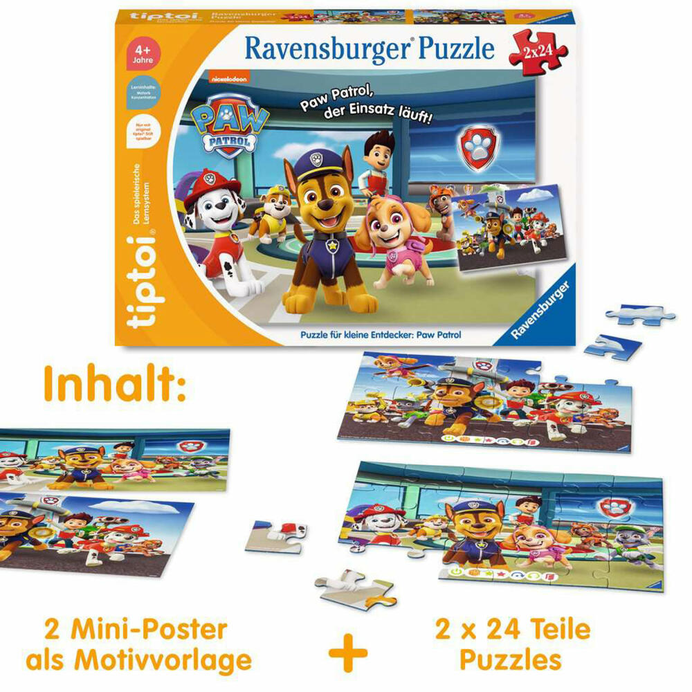 Ravensburger tiptoi Puzzle für kleine Entdecker: Paw Patrol, Kinderpuzzle, 2 x 24 Teile, 00135