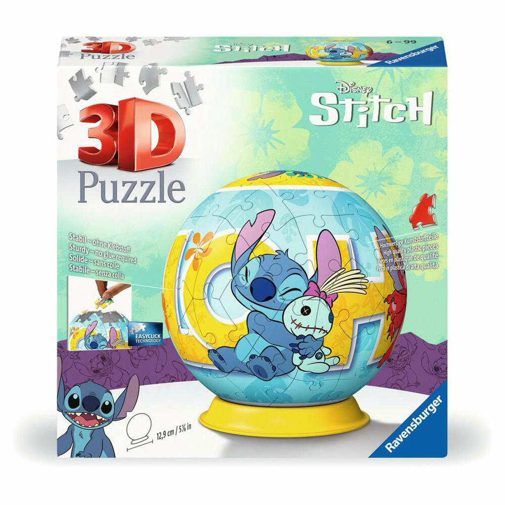 Ravensburger 3D Puzzles Puzzle-Ball Disney Stitch, Puzzleball, 72 Teile, ab 6 Jahren, 11596