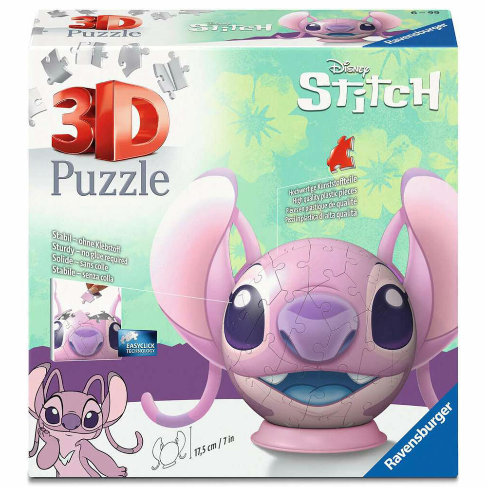 Ravensburger 3D Puzzles Puzzle-Ball Disney Stitch - Angel mit Ohren, Puzzleball, 72 Teile, ab 6 Jahren, 11639