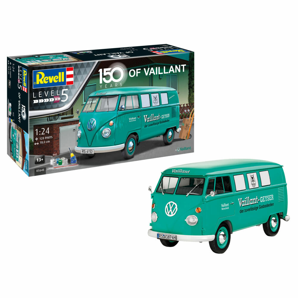Revell Fahrzeug-Modellbausatz Geschenkset VW T1 Bus 50 years of Vaillant, 128 Teile, 1:24, 05648