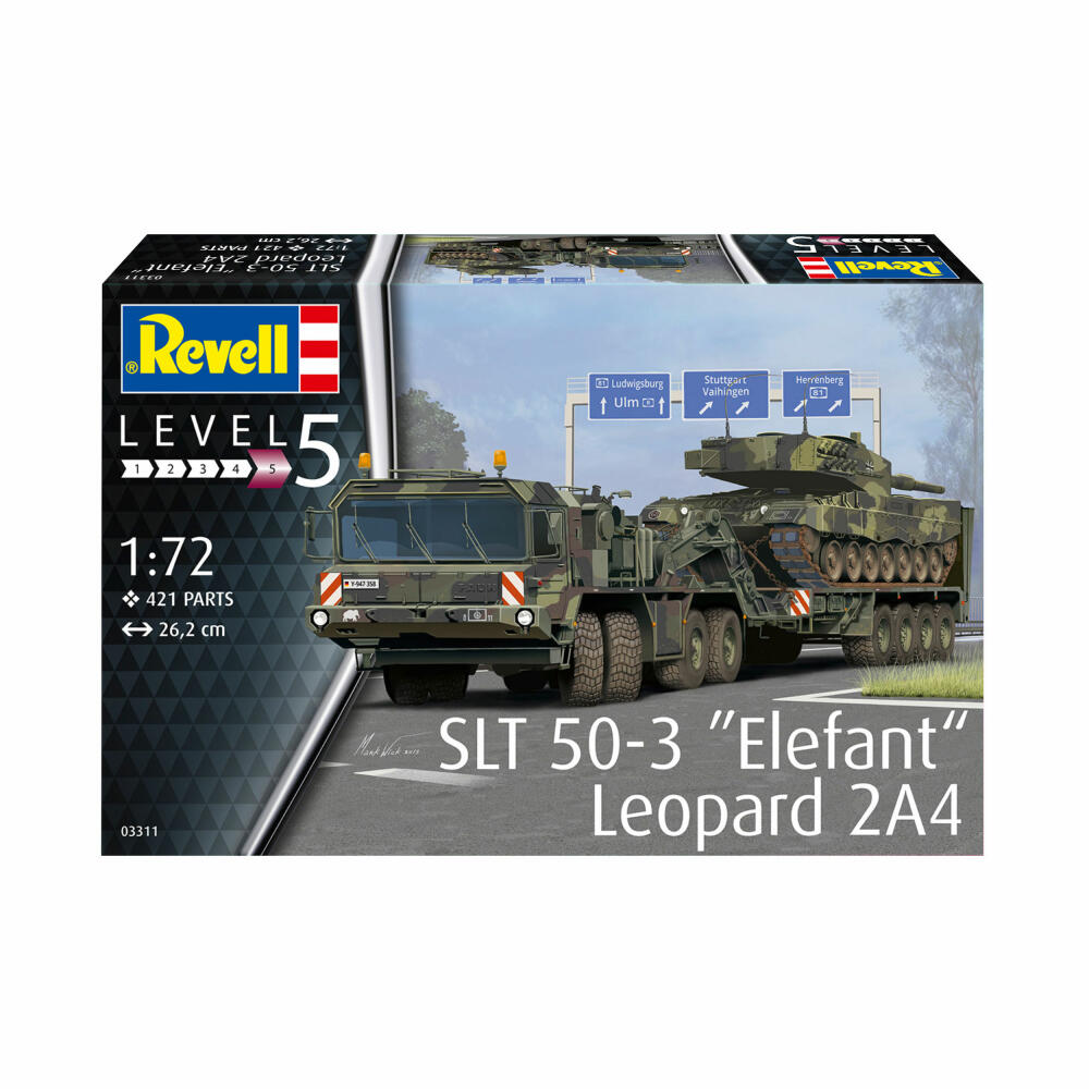 Revell Panzer-Modellbausatz SLT 50-3 Elefant mit Leopard 2A4, Panzertransporter, 421 Teile, 1:72, 03311