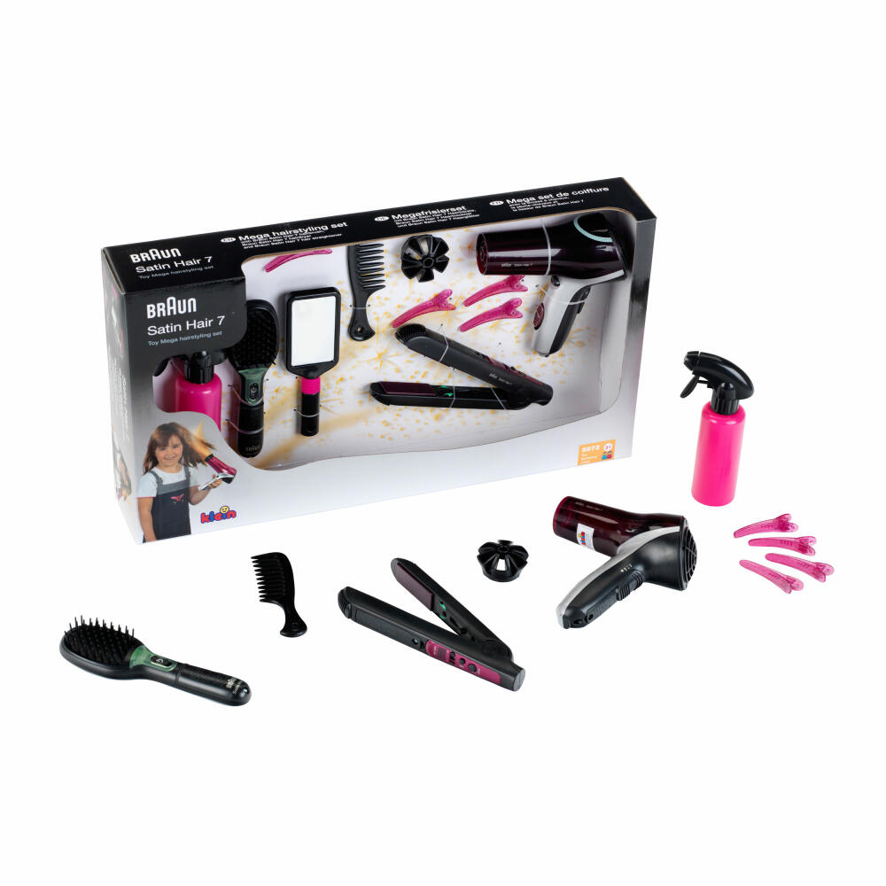Theo Klein Megafrisierset, 10-tlg., Braun Satin Hair 7, Frisierset, Haarbürste, Fön, Spielzeug, Kinder, 5898