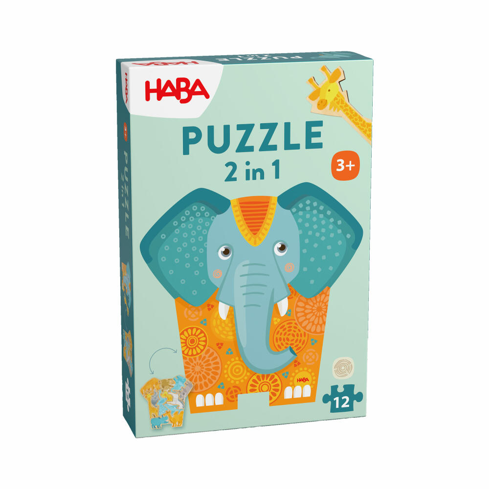 HABA Holzpuzzle 2in1 Elefant, Puzzle, Kinderpuzzle, Holz, Kinder, ab 3 Jahren, 2011068001