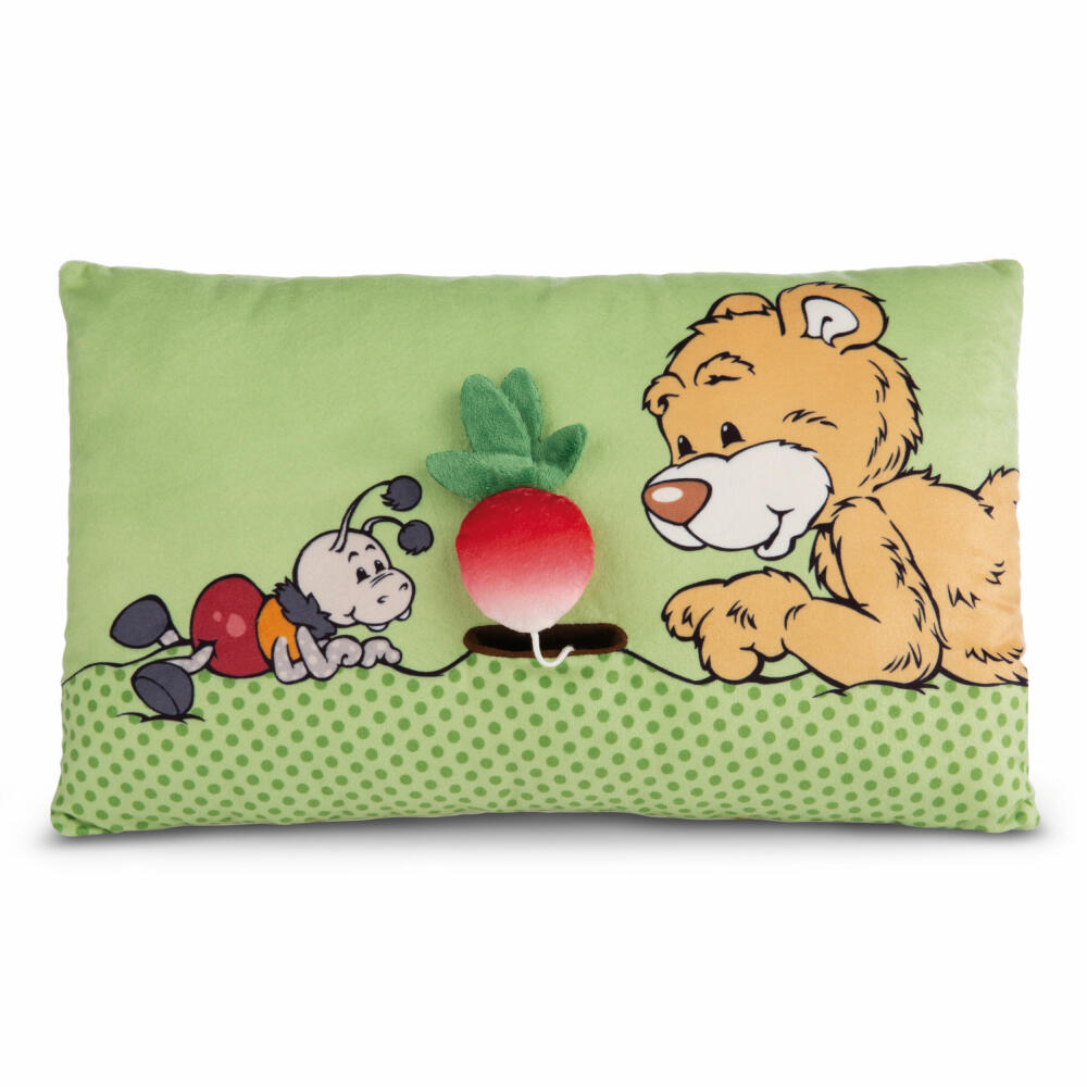 NICI Green Klassik Bär Kissen Bär Mielo mit 2D Radieschen, Kopfkissen, Kuschelkissen, Dekokissen, 43 x 25 cm, 49449