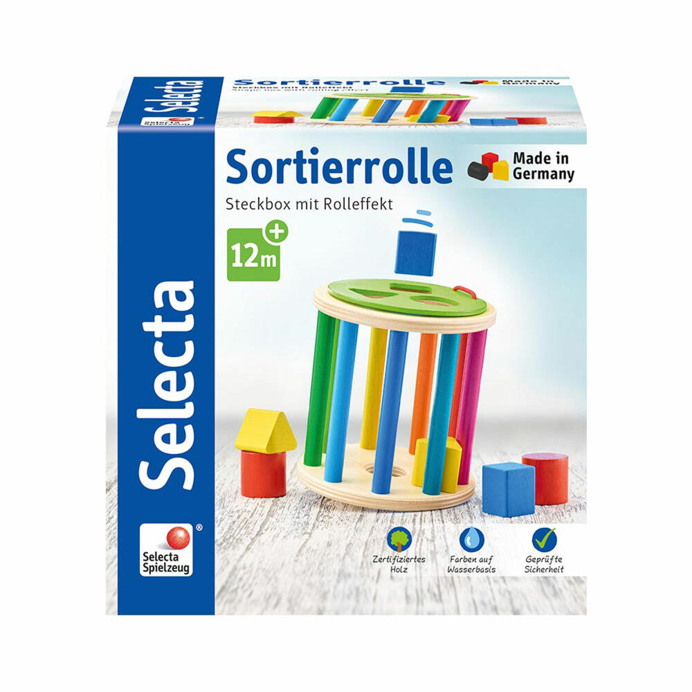 Selecta Spielzeug Sortierrolle, Sortier Rolle, Motorik, Kleinkindspiel, Kleinkindspielzeug, Holz, 13 cm, 62007