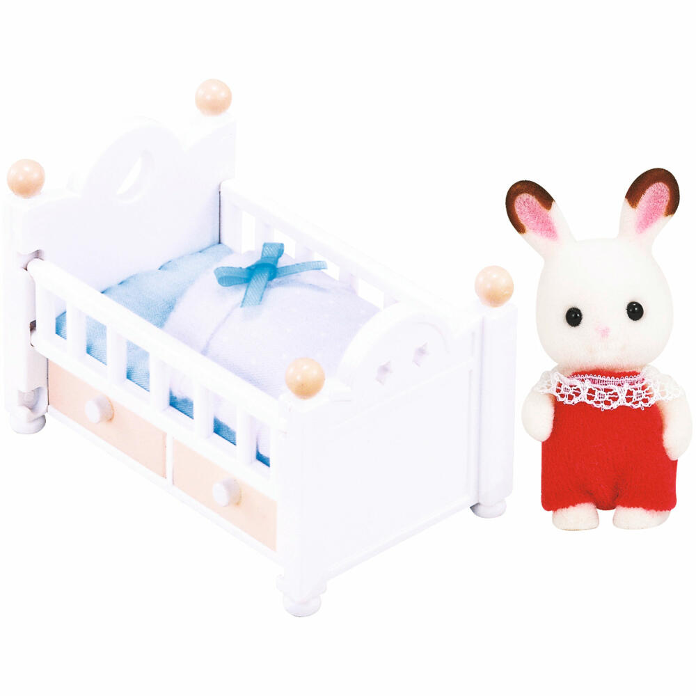 Sylvanian Families Chocolate Bunny Baby Rosi with Baby Bed, Family Spoon, Bed, Bunny, Playset, 5017