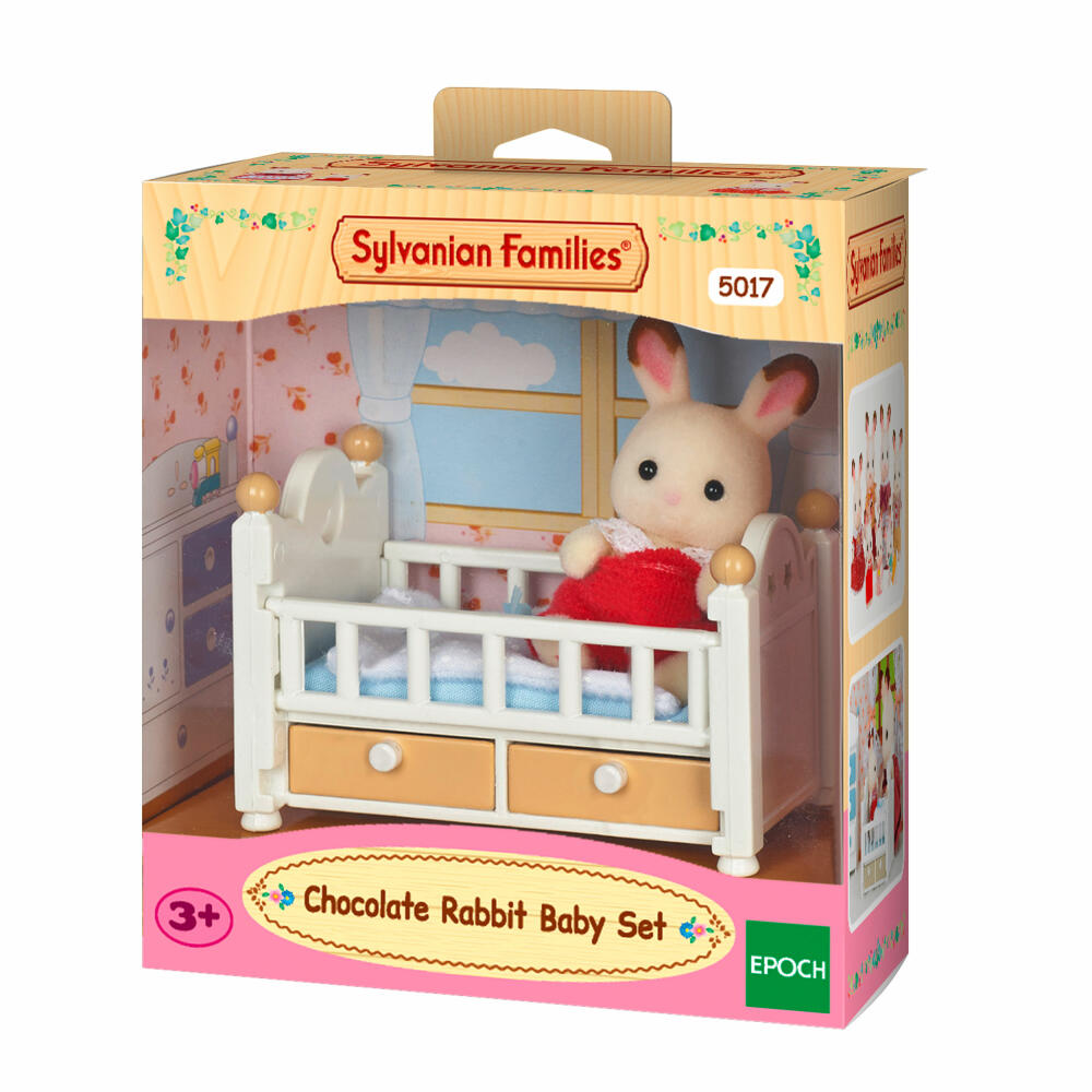 Sylvanian Families Chocolate Bunny Baby Rosi with Baby Bed, Family Spoon, Bed, Bunny, Playset, 5017