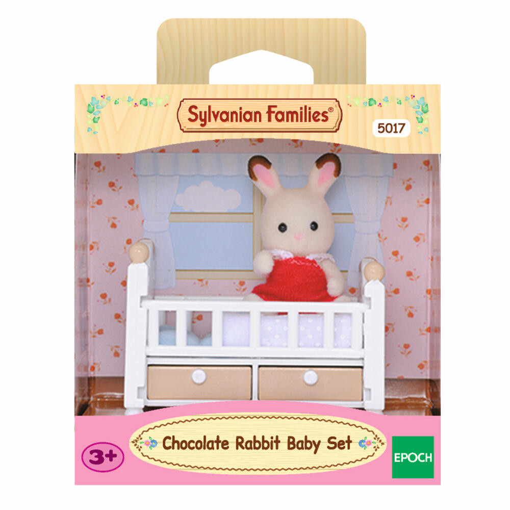 Sylvanian Families Chocolate Bunny Baby Rosi with Baby Bed, Family Spoon, Bed, Bunny, Playset, 5017