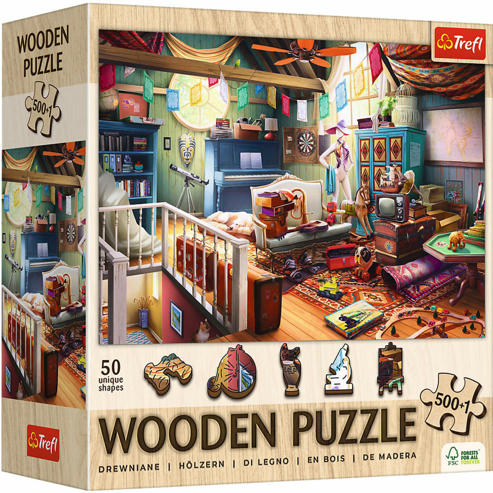 Trefl Holz Puzzle Schätze auf dem Dachboden, Holzpuzzle, 500 + 1 Teile, 37.5 x 25.4 cm, 20220