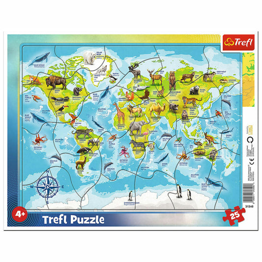Trefl Rahmen-Puzzle Weltkarte mit Tieren, Rahmenpuzzle, 25 Teile, 36.7 x 28.7 cm, 31340