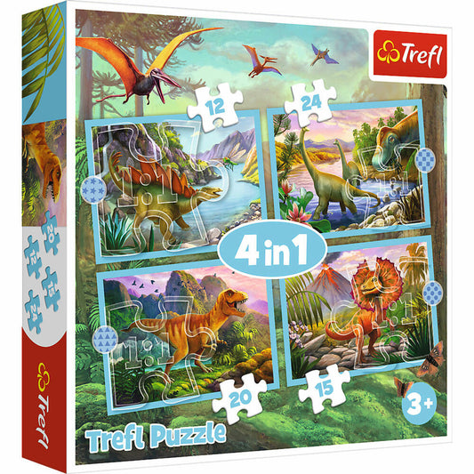 Trefl 4 in 1 Puzzle - Dinosaurier, Kinderpuzzle, Kinder, 12 + 15 + 20 + 24 Teile, 28.5 x 20.5 cm, 34609