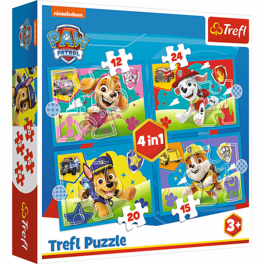 Trefl 4 in 1 Puzzle - Paw Patrol, Kinderpuzzle, Kinder, 12 + 15 + 20 + 24 Teile, 28.5 x 20.5 cm, 34628